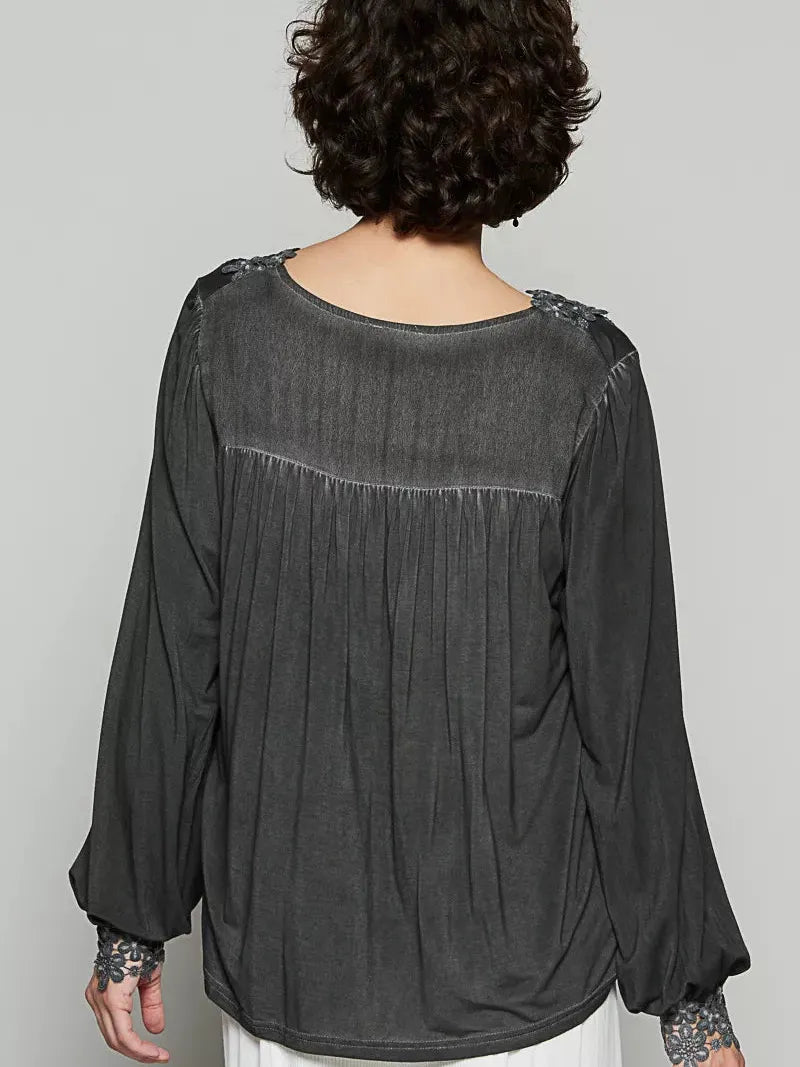 POL Floral Whisper Floral Embroidery Top with Lace in Black-Women's Shirts & Tops-Shop Z & Joxa