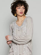 POL Floral Whisper Floral Embroidery Top with Lace in Taupe-Women's Shirts & Tops-Shop Z & Joxa