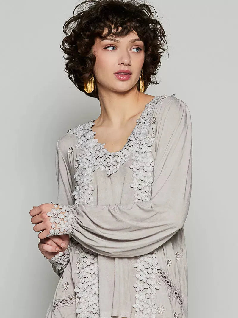 POL Floral Whisper Floral Embroidery Top with Lace in Taupe-Women's Shirts & Tops-Shop Z & Joxa