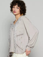 POL Floral Whisper Floral Embroidery Top with Lace in Taupe-Women's Shirts & Tops-Shop Z & Joxa