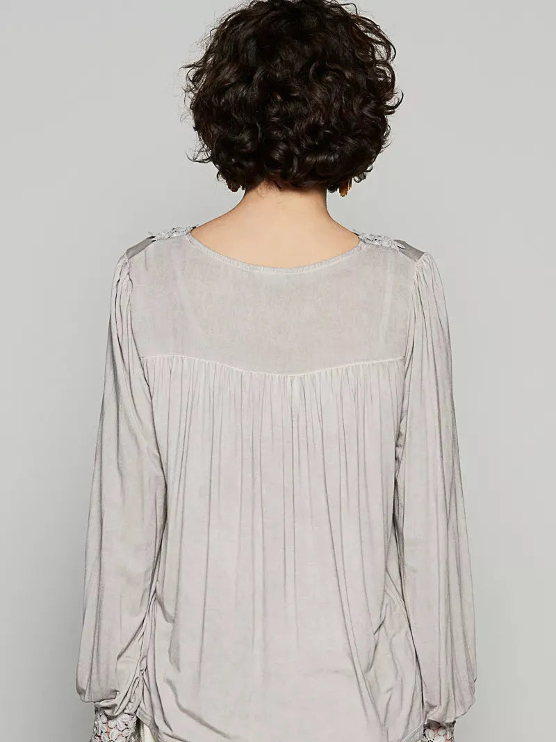 POL Floral Whisper Floral Embroidery Top with Lace in Taupe-Women's Shirts & Tops-Shop Z & Joxa