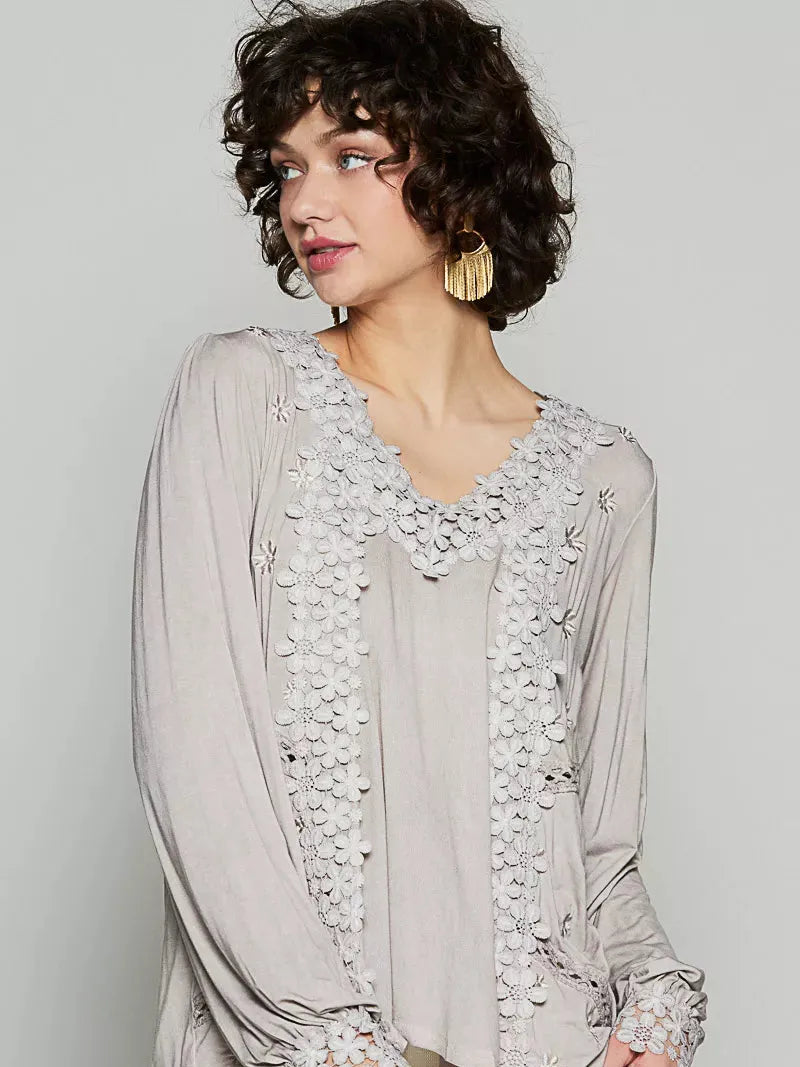 POL Floral Whisper Floral Embroidery Top with Lace in Taupe-Women's Shirts & Tops-Shop Z & Joxa