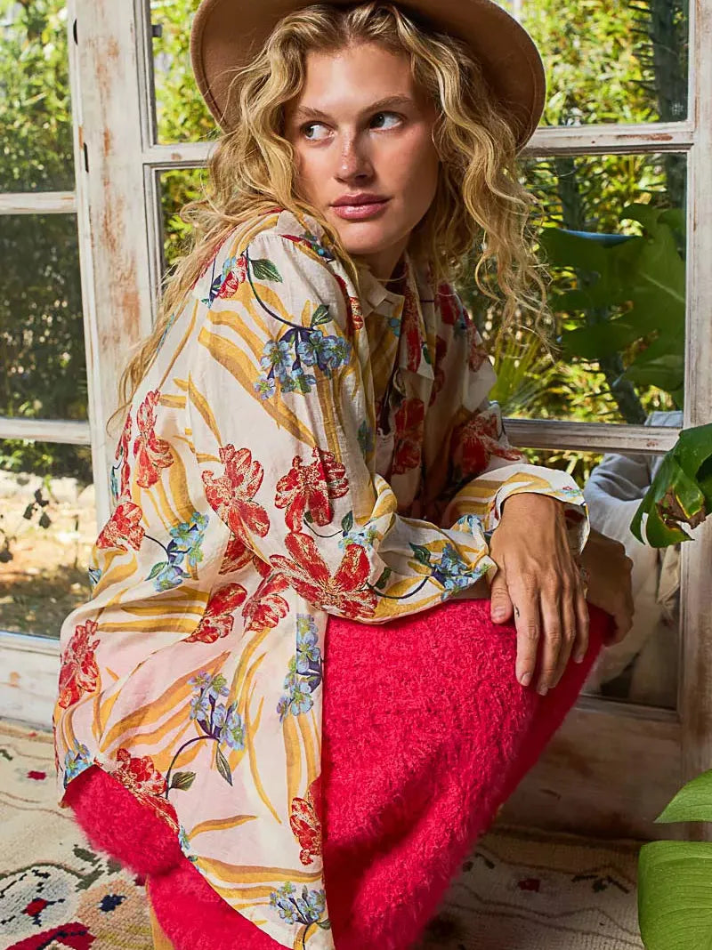 POL Flower Power Floral Print Button Down Long Sleeve Blouse-Women's Shirts & Tops-Shop Z & Joxa