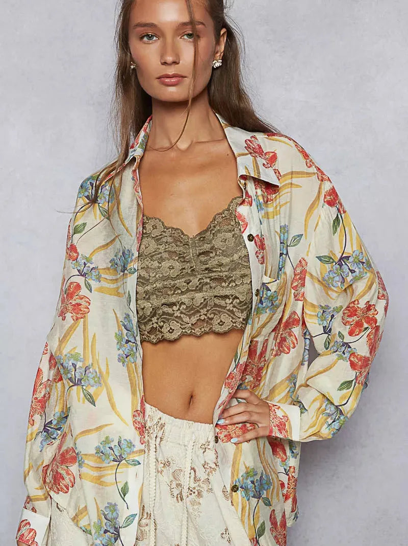 POL Flower Power Floral Print Button Down Long Sleeve Blouse-Women's Shirts & Tops-Shop Z & Joxa