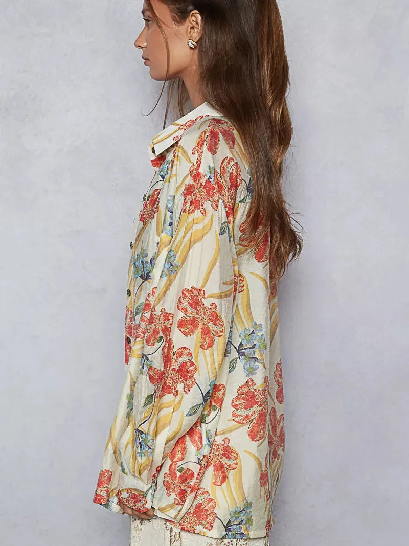 POL Flower Power Floral Print Button Down Long Sleeve Blouse-Women's Shirts & Tops-Shop Z & Joxa