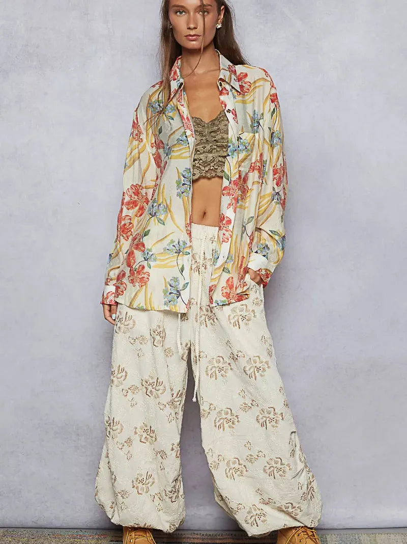 POL Flower Power Floral Print Button Down Long Sleeve Blouse-Women's Shirts & Tops-Shop Z & Joxa