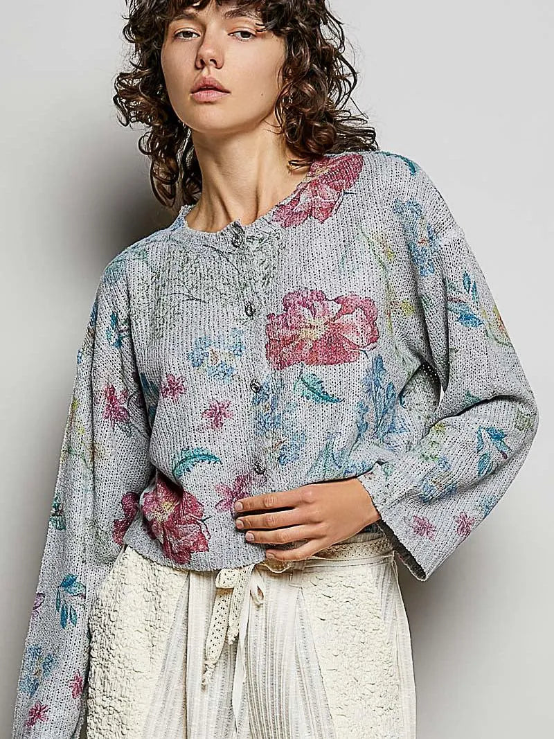 POL Heather Bloom Floral Print Button-Down Knit Cardigan-Women's Shirts & Tops-Shop Z & Joxa