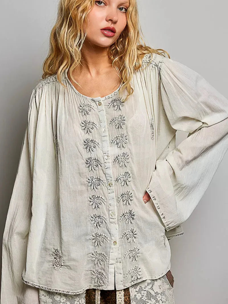 POL Heirloom Haze Embroidered Long Sleeve Shirt-Women's Shirts & Tops-Shop Z & Joxa