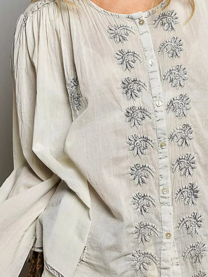 POL Heirloom Haze Embroidered Long Sleeve Shirt-Women's Shirts & Tops-Shop Z & Joxa