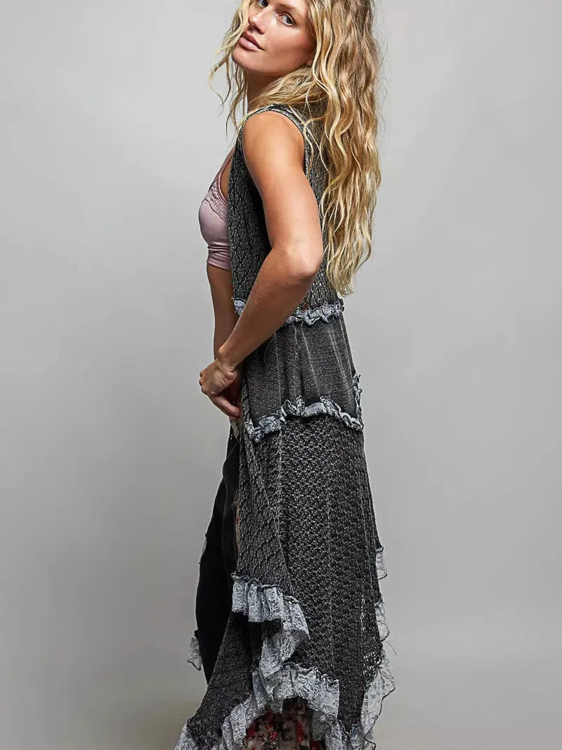 POL Heirloom Lace Vintage Ruffled Crochet Vest Cardigan in Black-Women's Shirts & Tops-Shop Z & Joxa
