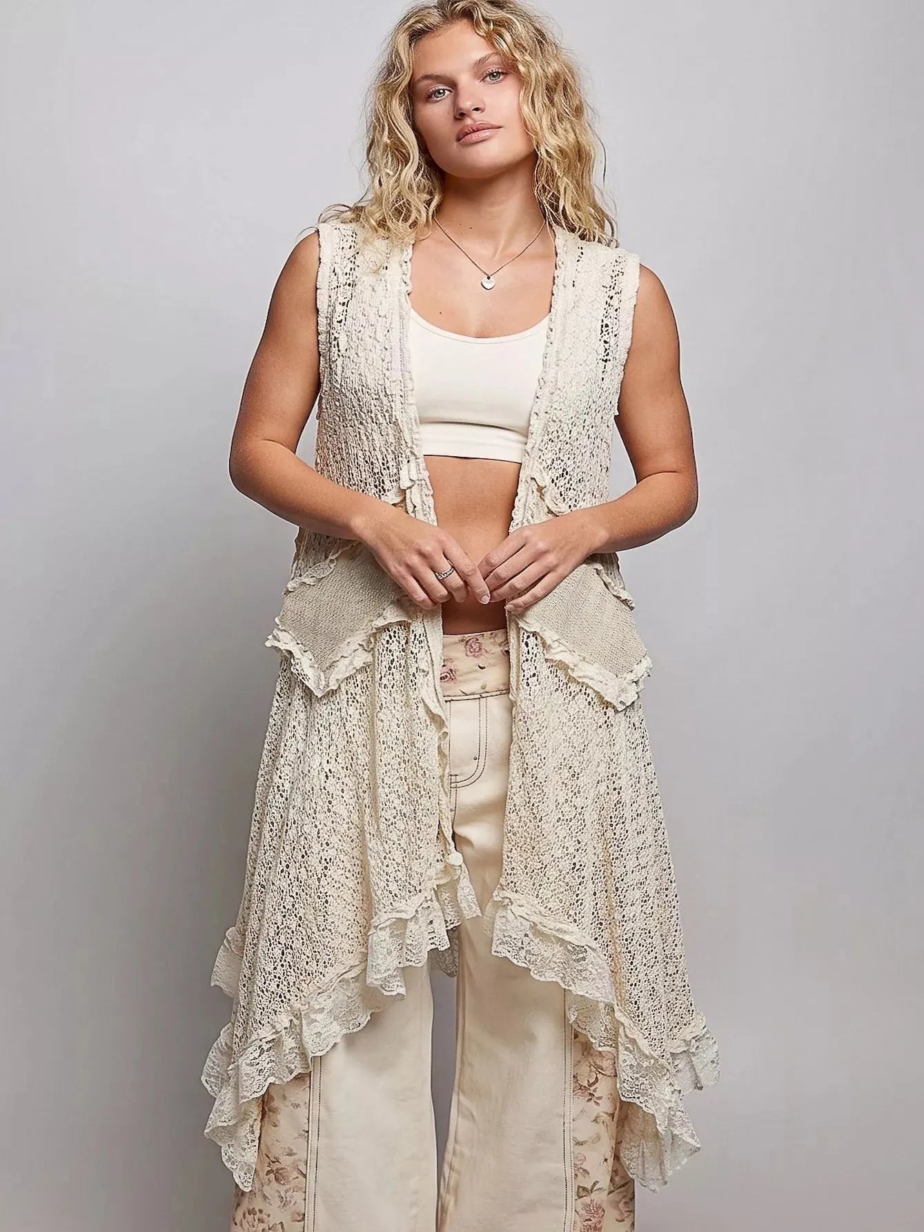 POL Heirloom Lace Vintage Ruffled Crochet Vest Cardigan in Cream-Women's Shirts & Tops-Shop Z & Joxa