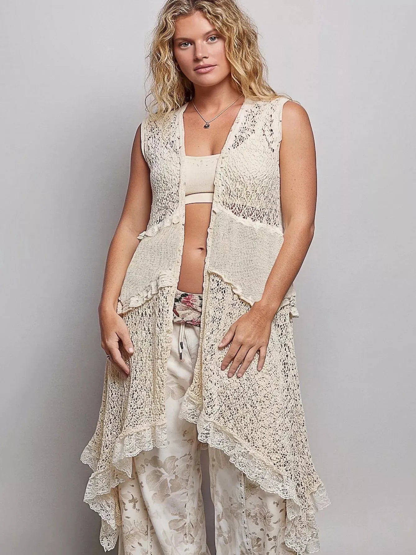 POL Heirloom Lace Vintage Ruffled Crochet Vest Cardigan in Cream-Women's Shirts & Tops-Shop Z & Joxa