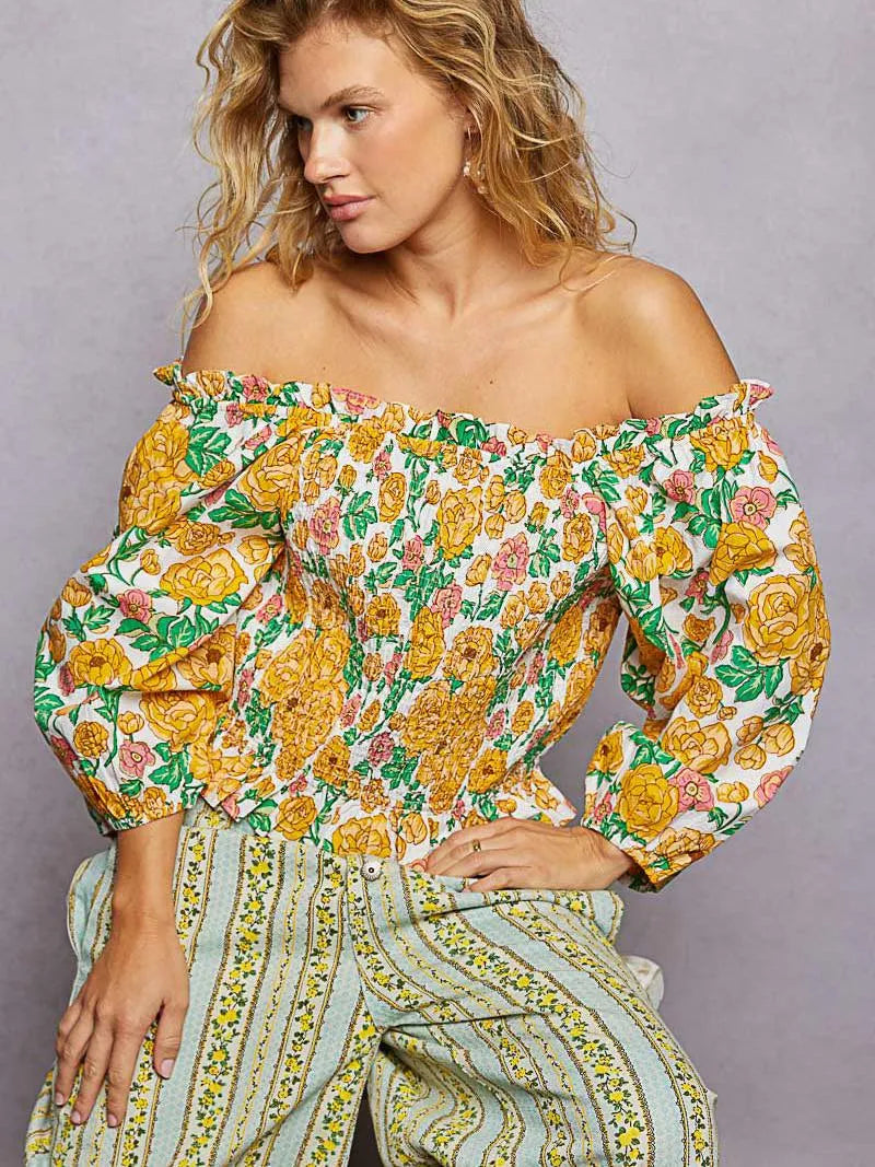 POL Honey Blossom Floral Print Off-Shoulder Smocked Blouse-Women's Shirts & Tops-Shop Z & Joxa