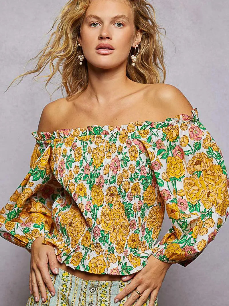 POL Honey Blossom Floral Print Off-Shoulder Smocked Blouse-Women's Shirts & Tops-Shop Z & Joxa