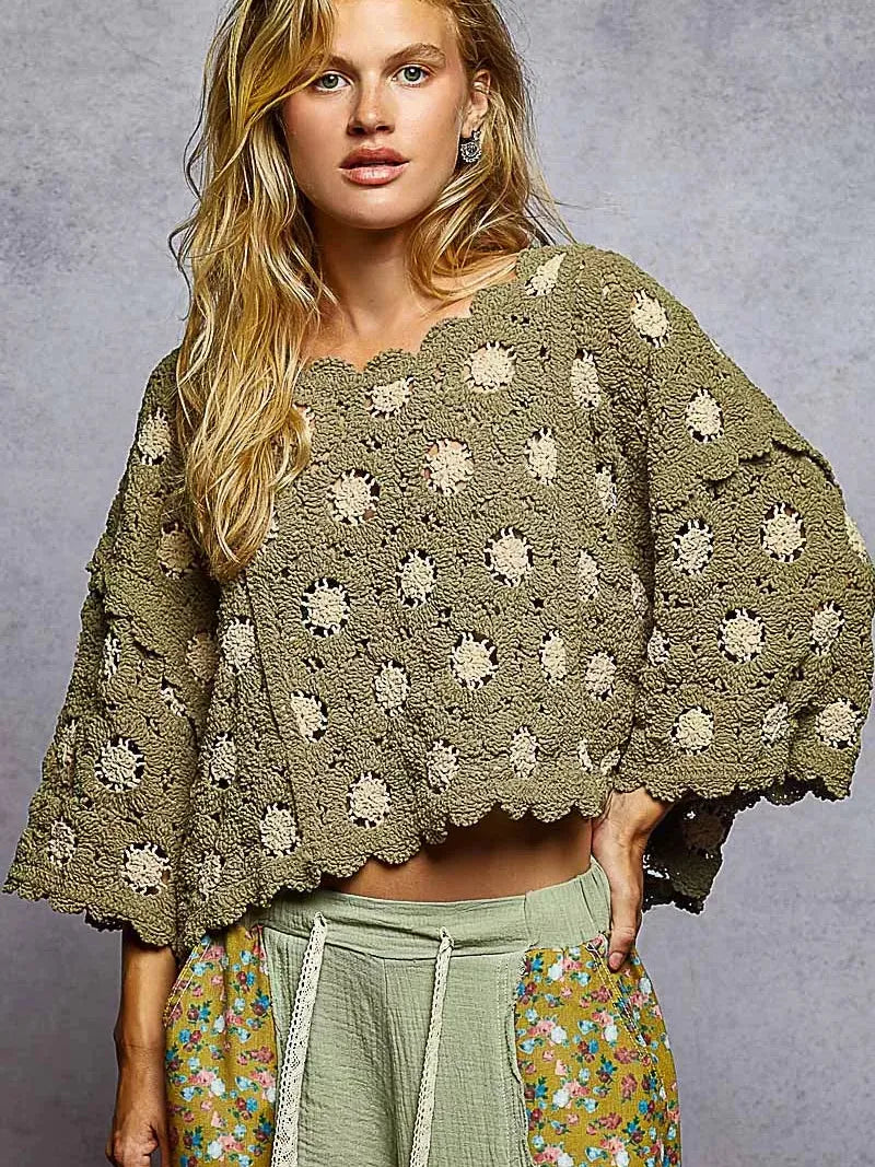 POL Hooked on Olive Crochet Wide Sleeve Cropped Knit Top-Women's Shirts & Tops-Shop Z & Joxa