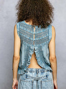 POL Indigo Whisper Ruffled Sleeveless Blouse with Open Back-Women's Shirts & Tops-Shop Z & Joxa