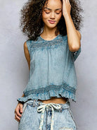 POL Indigo Whisper Ruffled Sleeveless Blouse with Open Back-Women's Shirts & Tops-Shop Z & Joxa