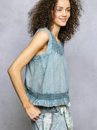POL Indigo Whisper Ruffled Sleeveless Blouse with Open Back-Women's Shirts & Tops-Shop Z & Joxa