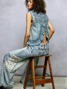 POL Indigo Whisper Ruffled Sleeveless Blouse with Open Back-Women's Shirts & Tops-Shop Z & Joxa