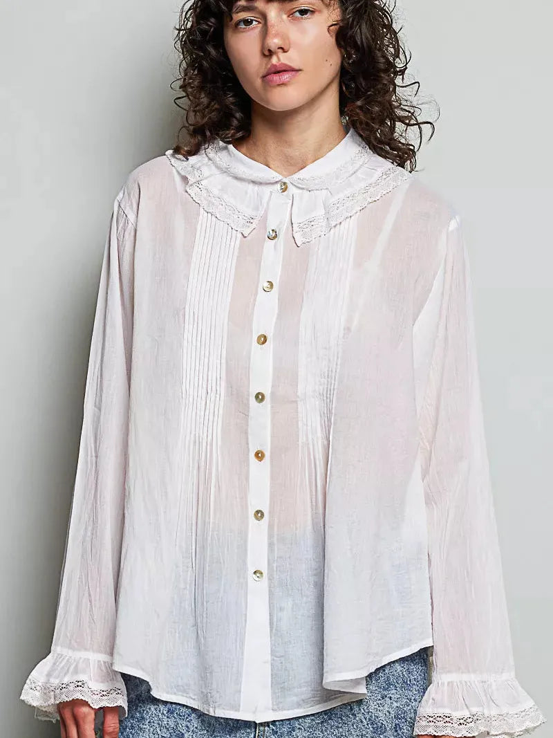 POL Ivory Grace Lace Trim Pintuck Button-Down Blouse-Women's Shirts & Tops-Shop Z & Joxa