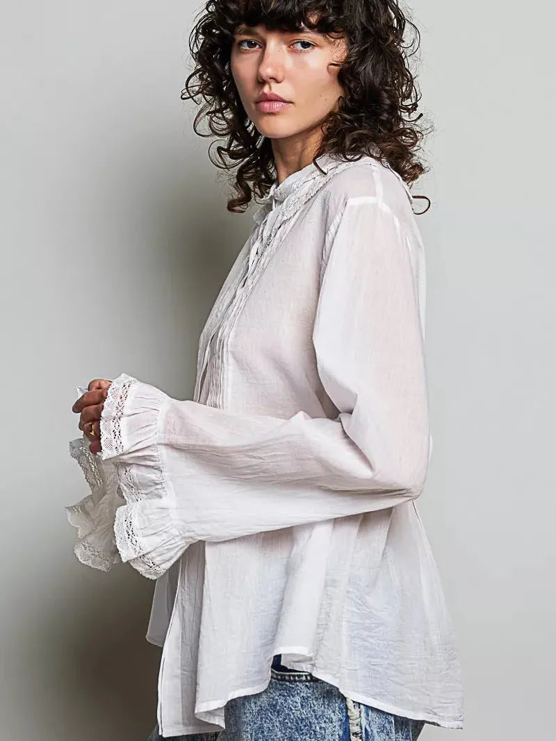 POL Ivory Grace Lace Trim Pintuck Button-Down Blouse-Women's Shirts & Tops-Shop Z & Joxa