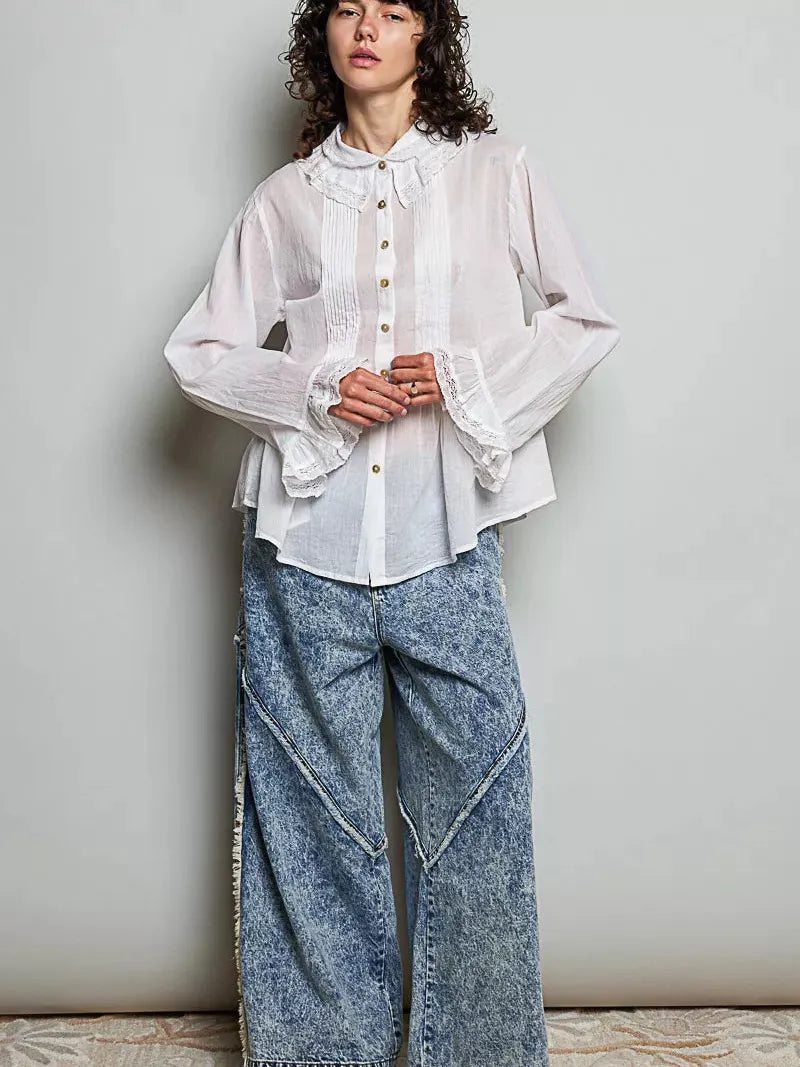 POL Ivory Grace Lace Trim Pintuck Button-Down Blouse-Women's Shirts & Tops-Shop Z & Joxa