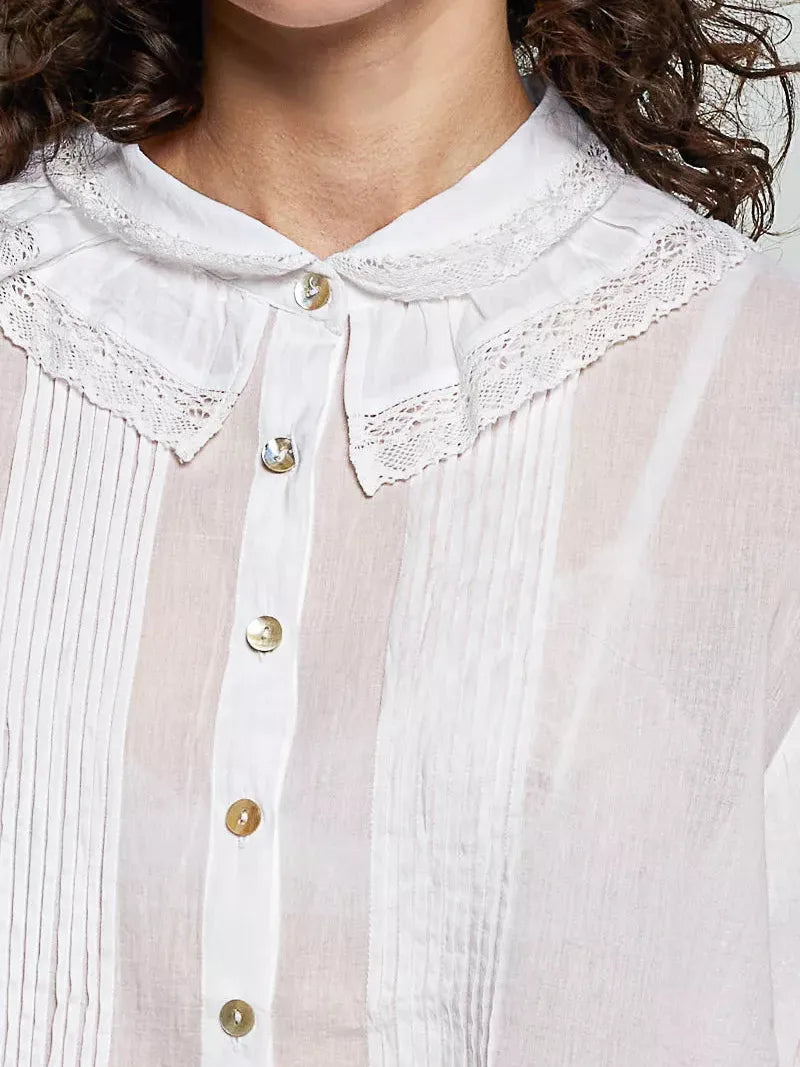 POL Ivory Grace Lace Trim Pintuck Button-Down Blouse-Women's Shirts & Tops-Shop Z & Joxa
