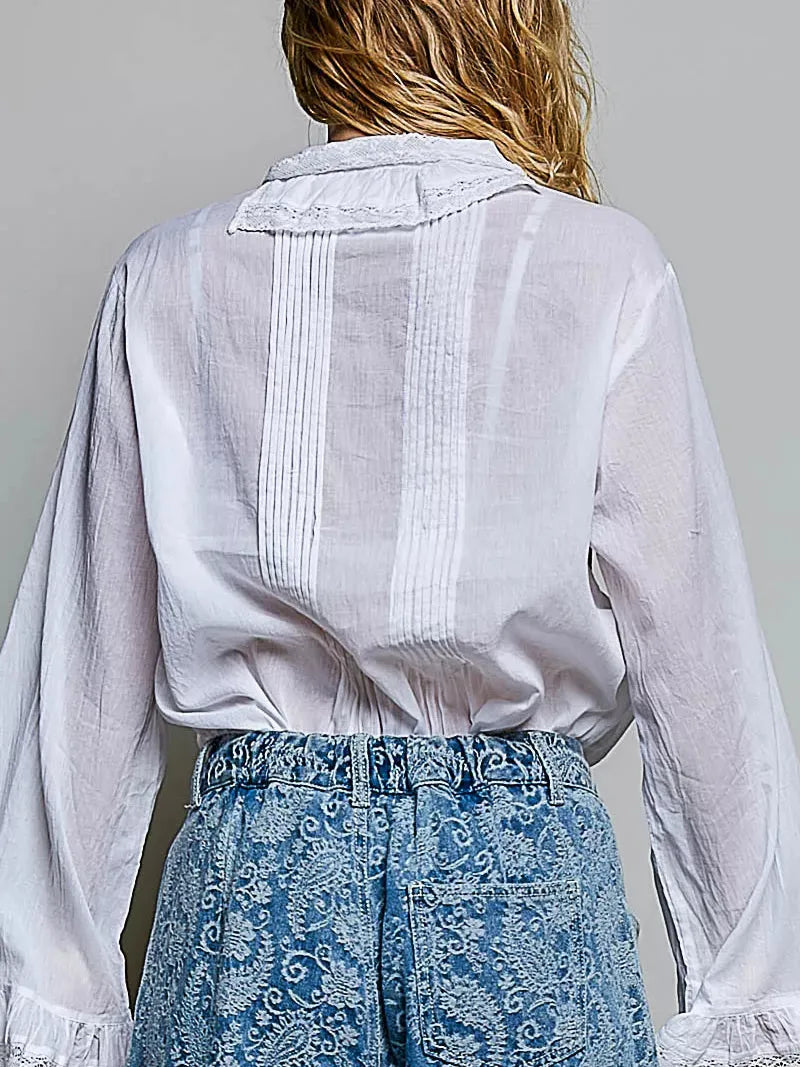 POL Ivory Grace Lace Trim Pintuck Button-Down Blouse-Women's Shirts & Tops-Shop Z & Joxa