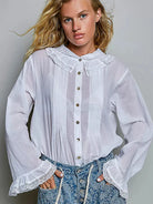 POL Ivory Grace Lace Trim Pintuck Button-Down Blouse-Women's Shirts & Tops-Shop Z & Joxa
