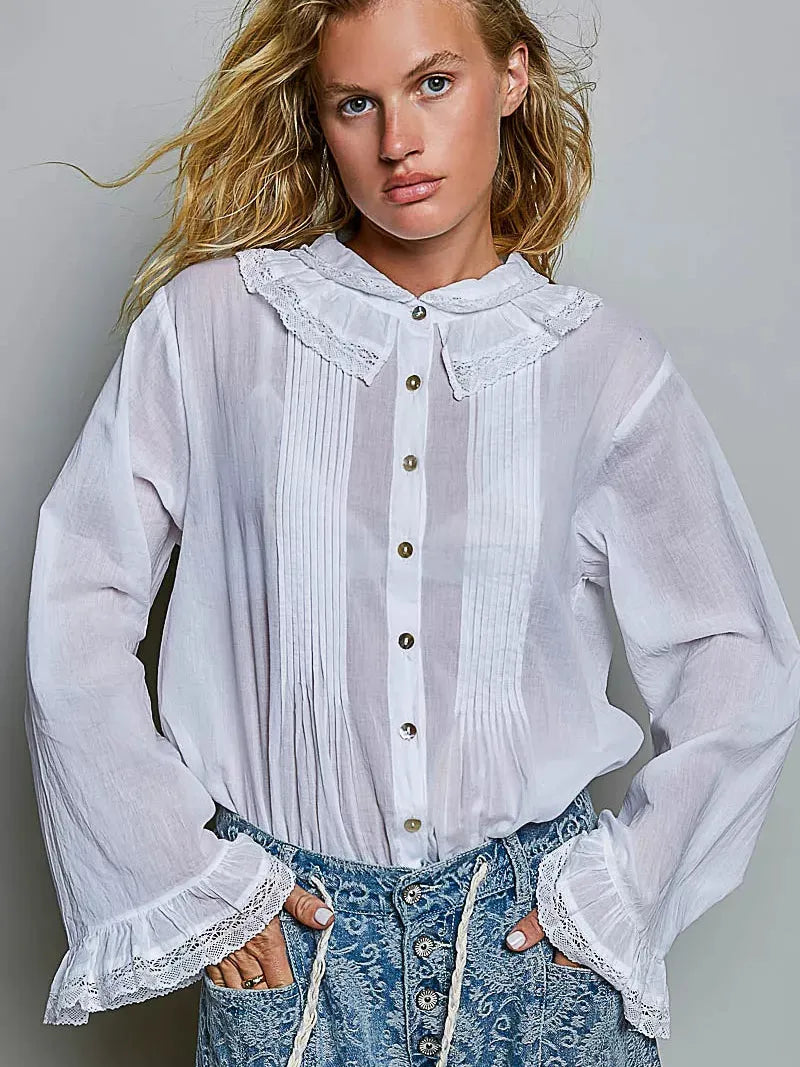 POL Ivory Grace Lace Trim Pintuck Button-Down Blouse-Women's Shirts & Tops-Shop Z & Joxa