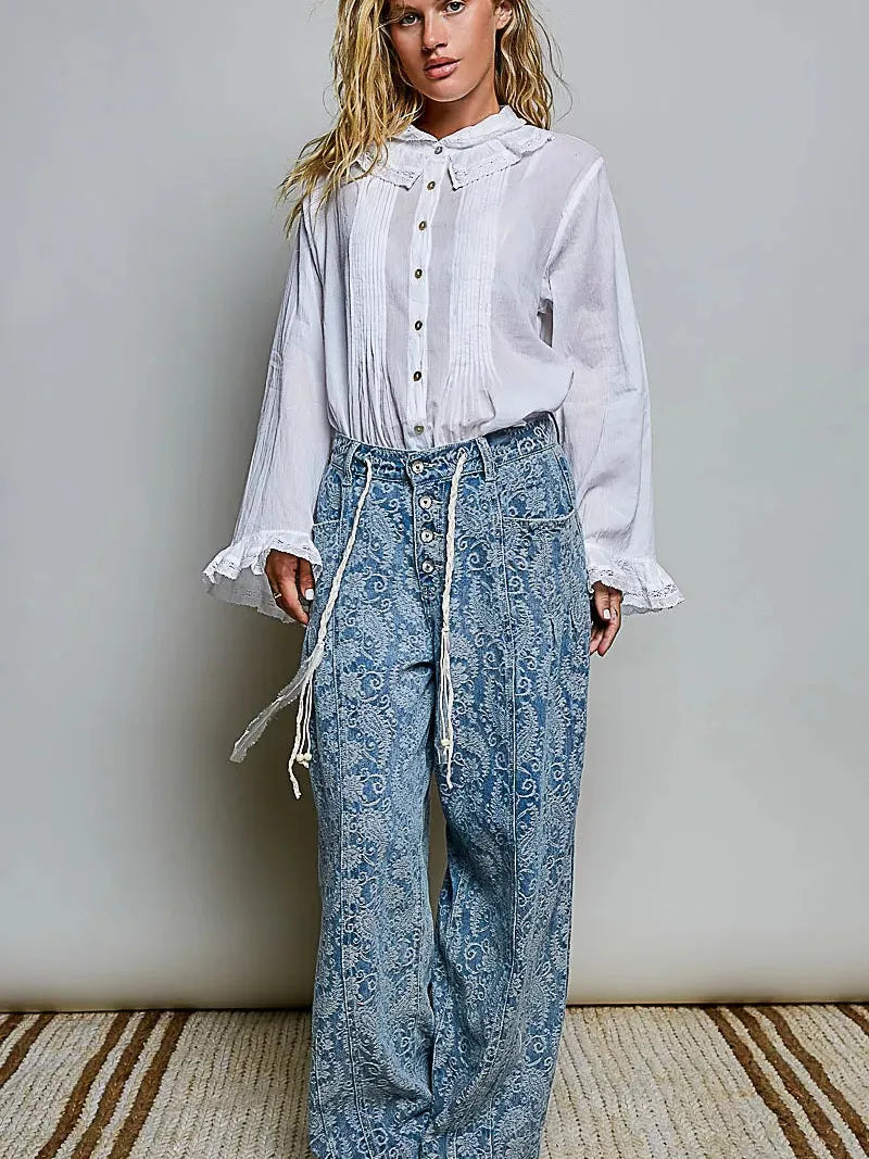 POL Ivory Grace Lace Trim Pintuck Button-Down Blouse-Women's Shirts & Tops-Shop Z & Joxa
