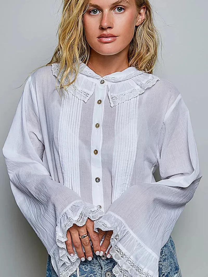 POL Ivory Grace Lace Trim Pintuck Button-Down Blouse-Women's Shirts & Tops-Shop Z & Joxa