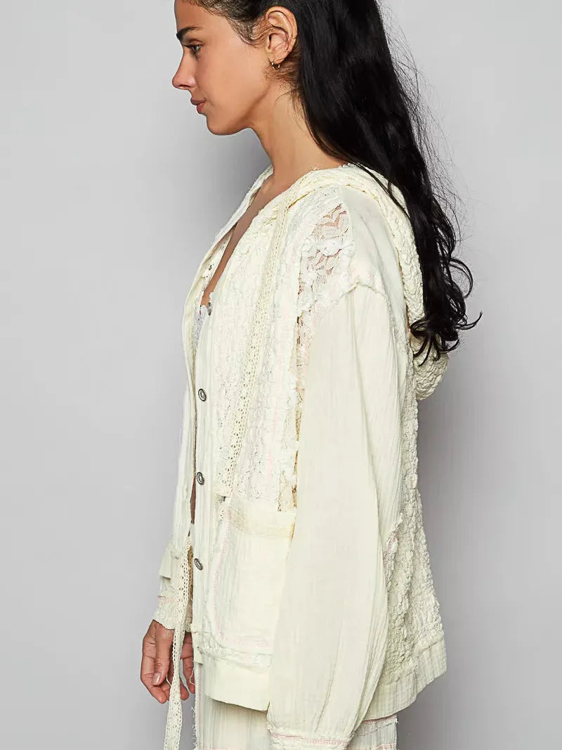 POL Ivory Lace Exposed Seam Lace Detail Hooded Jacket-Women's Outerwear-Shop Z & Joxa