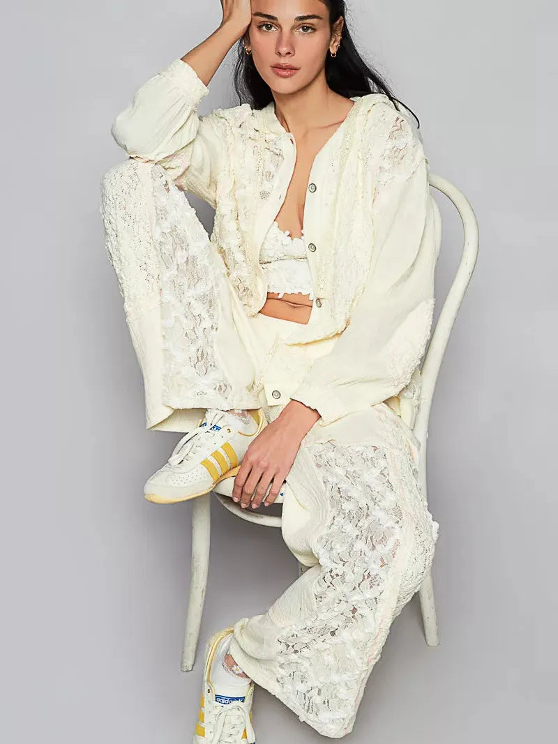 POL Ivory Lace Exposed Seam Lace Detail Hooded Jacket-Women's Outerwear-Shop Z & Joxa