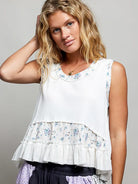 POL Ivory Patchwork Ribbed Floral Tank with Ruffle Accents-Women's Shirts & Tops-Shop Z & Joxa