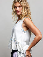 POL Ivory Patchwork Ribbed Floral Tank with Ruffle Accents-Women's Shirts & Tops-Shop Z & Joxa