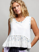 POL Ivory Patchwork Ribbed Floral Tank with Ruffle Accents-Women's Shirts & Tops-Shop Z & Joxa