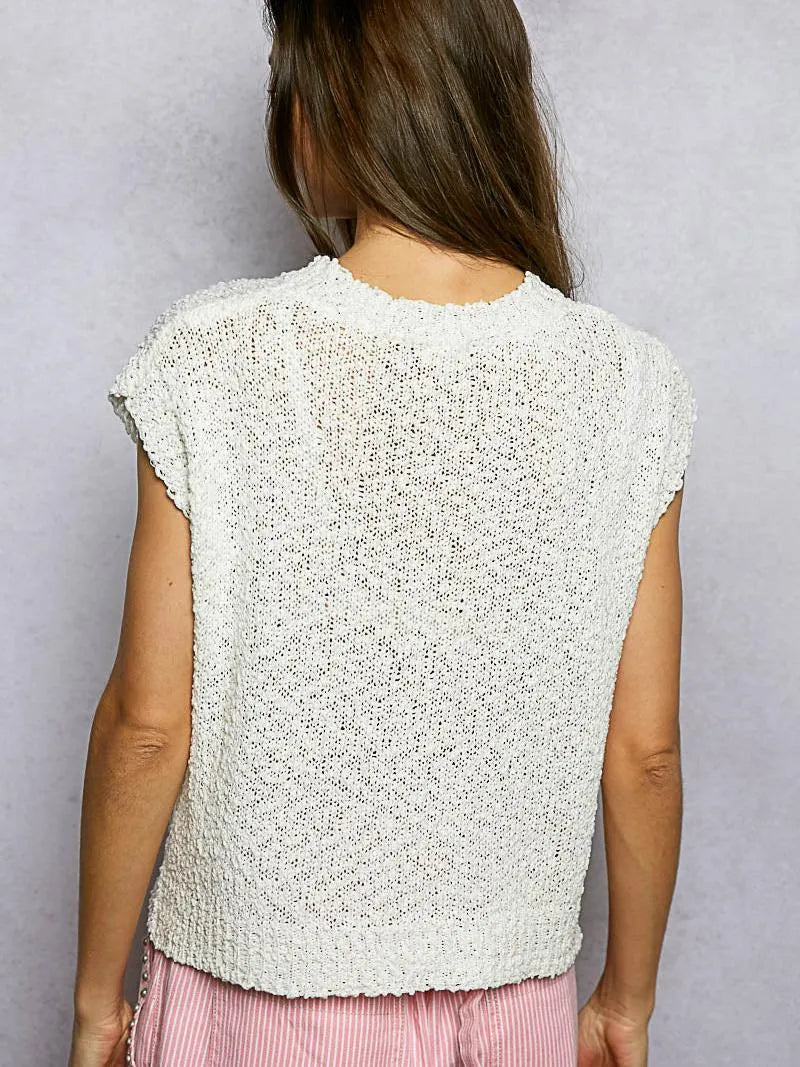 POL Ivory Soft Round Neck Popcorn Knit Top with Star Motif-Women's Shirts & Tops-Shop Z & Joxa