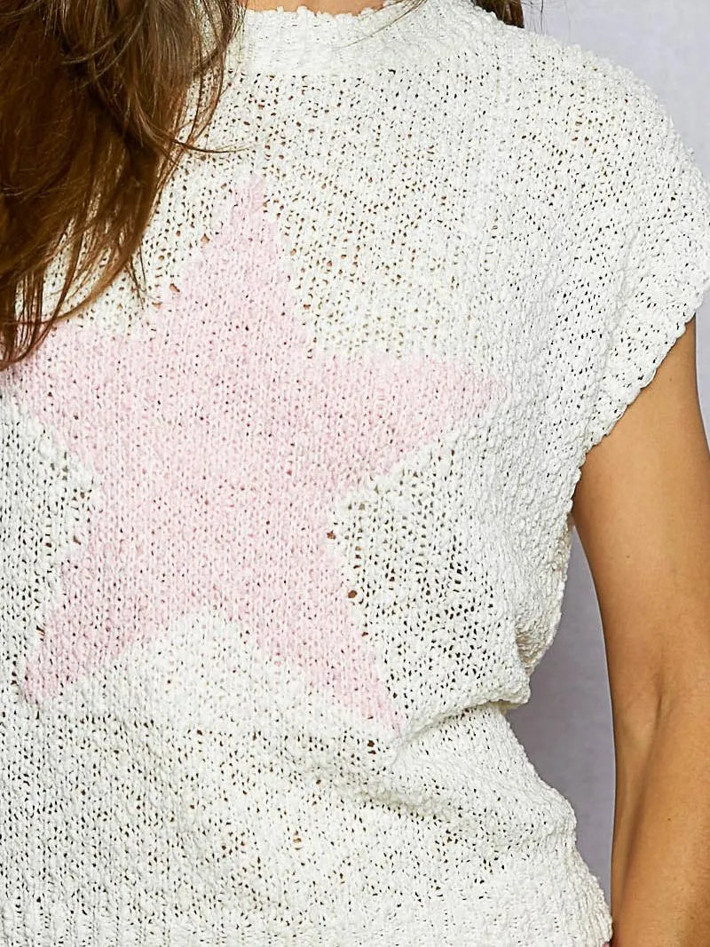 POL Ivory Soft Round Neck Popcorn Knit Top with Star Motif-Women's Shirts & Tops-Shop Z & Joxa