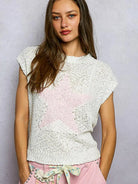 POL Ivory Soft Round Neck Popcorn Knit Top with Star Motif-Women's Shirts & Tops-Shop Z & Joxa