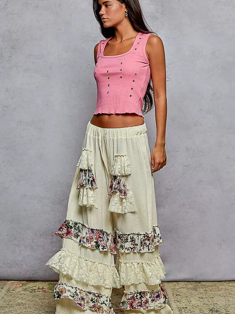 POL Lace Leisure Floral Gauze Wide Leg Pants with Lace Ruffle-Women's Pants-Shop Z & Joxa