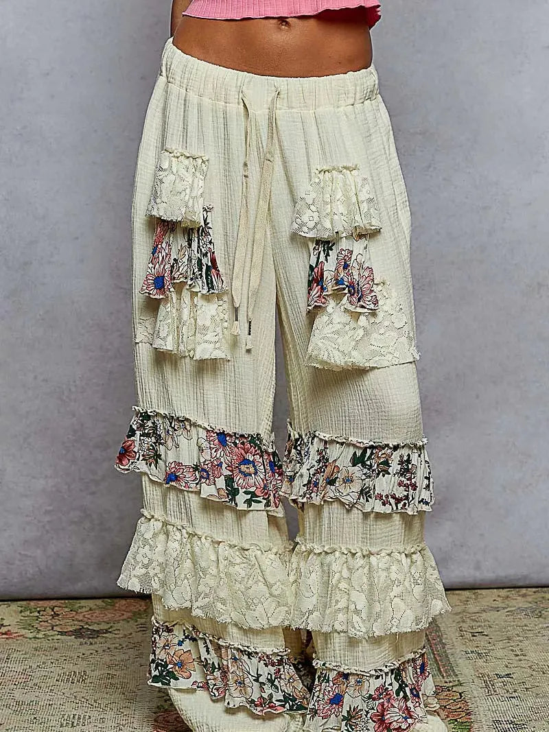 POL Lace Leisure Floral Gauze Wide Leg Pants with Lace Ruffle-Women's Pants-Shop Z & Joxa