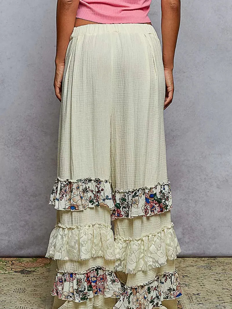 POL Lace Leisure Floral Gauze Wide Leg Pants with Lace Ruffle-Women's Pants-Shop Z & Joxa
