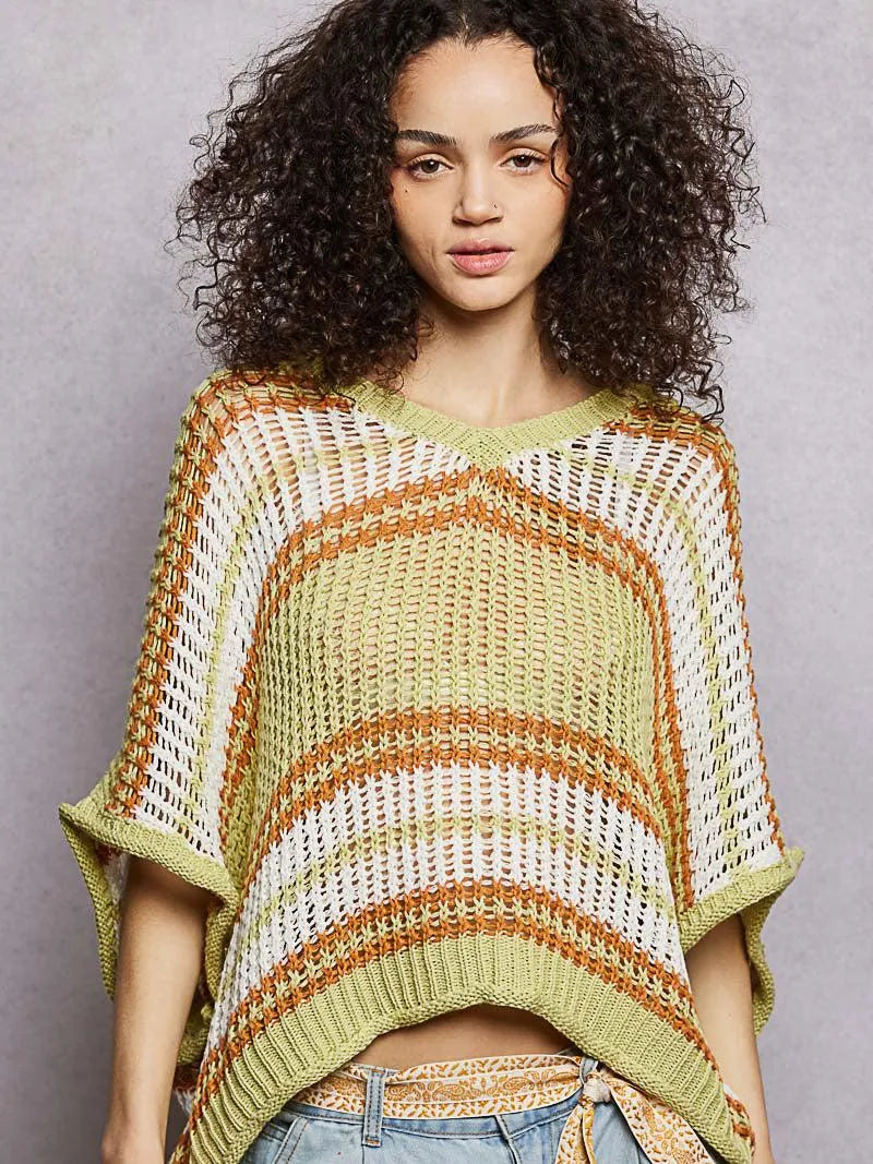 POL Lime Lift Openwork Lightweight Striped V-Neck Knit Top-Women's Shirts & Tops-Shop Z & Joxa