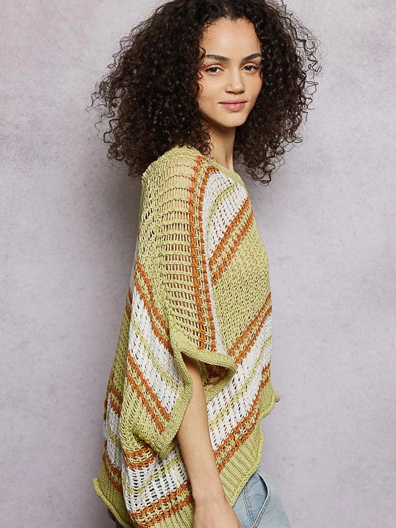 POL Lime Lift Openwork Lightweight Striped V-Neck Knit Top-Women's Shirts & Tops-Shop Z & Joxa