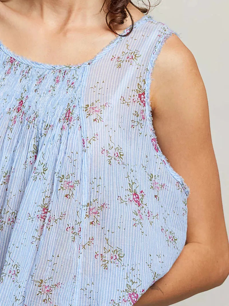 POL Meadow Morning Sleeveless Floral Pleated Cotton Top-Women's Shirts & Tops-Shop Z & Joxa