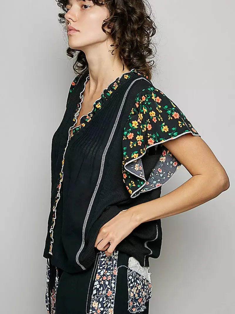 POL Midnight Floral V-Neck Ruffle Sleeve Blouse-Shirts & Tops-Shop Z & Joxa