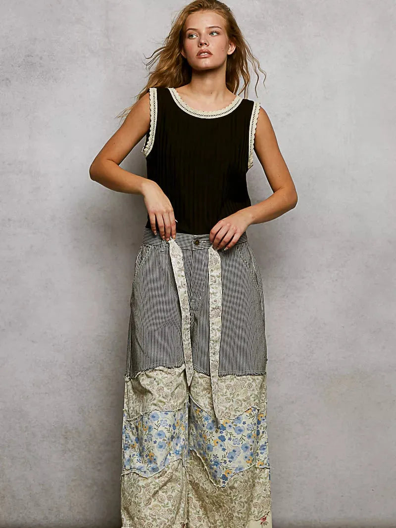 POL Midnight Trim Round Neck Ribbed Tank with Lace Trim-Women's Shirts & Tops-Shop Z & Joxa