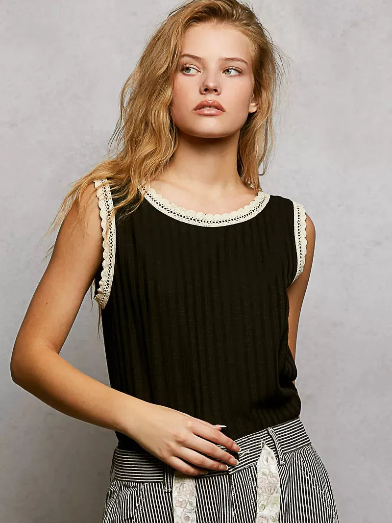 POL Midnight Trim Round Neck Ribbed Tank with Lace Trim-Women's Shirts & Tops-Shop Z & Joxa