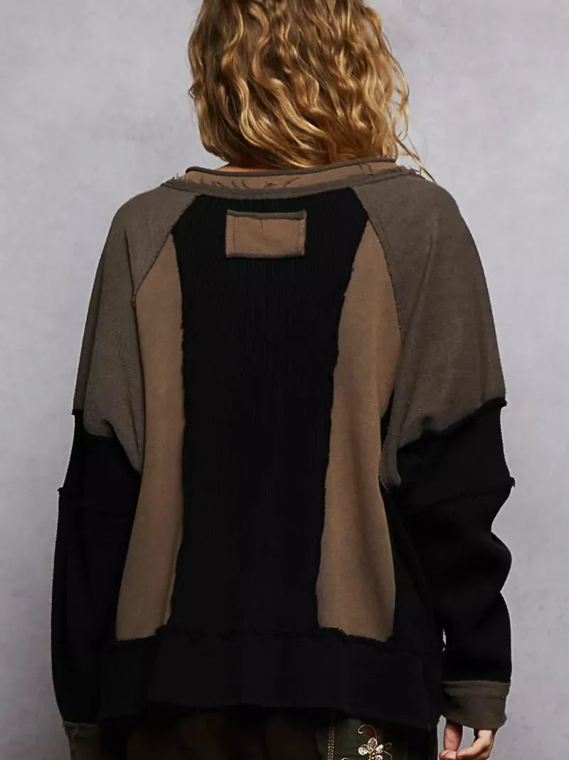 POL Mocha Muse Waffle Knit Raw Hem Color Block Sweatshirt-Women's Shirts & Tops-Shop Z & Joxa
